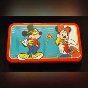 Vintage Red Disney Mickey and Minnie Mouse Tin Pencil Box Art Storage Case